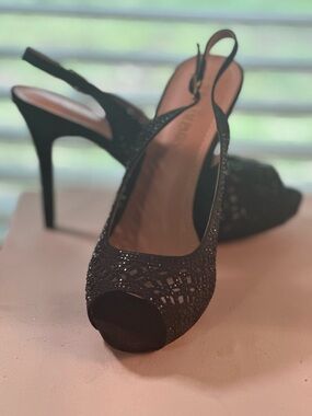 Women's Black Slingback Peep-Toe Heels with Sparkle